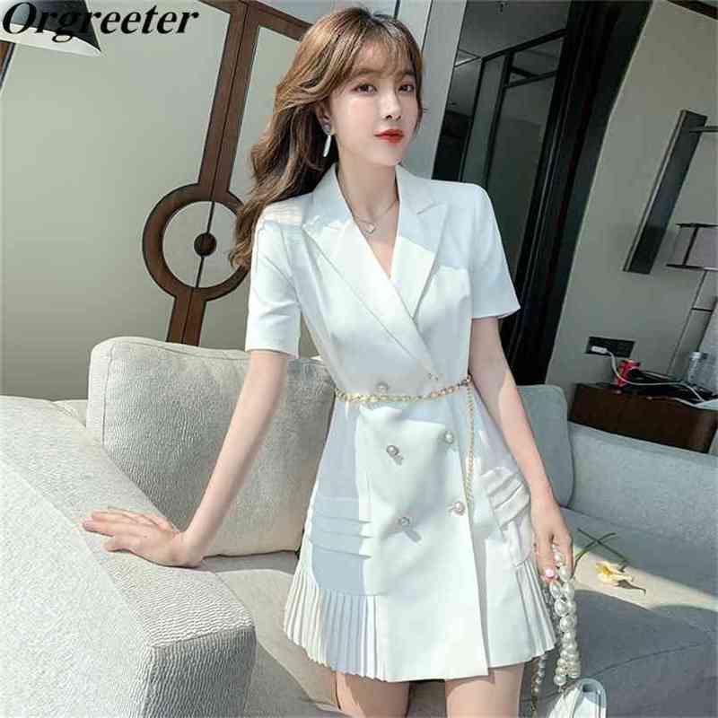 

Elegant White Blazer Dress Summer High quality Notched Double breasted Short Sleeve Pearl Waist chain Pleated 210602