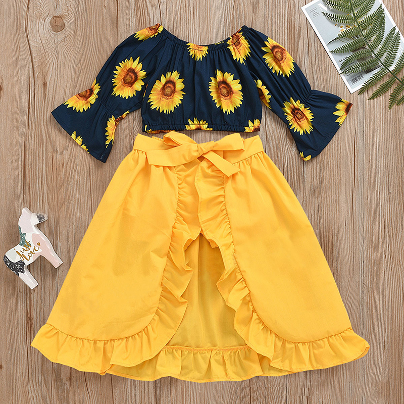 

kids Clothing Sets girls sunflower outfits children Flared sleeves Tops+ruffle skirts+shorts 3pcs/set Spring Autumn summer fashion baby Clothes C1407, 1lot=1set=tops+shorts+skirts=3pcs