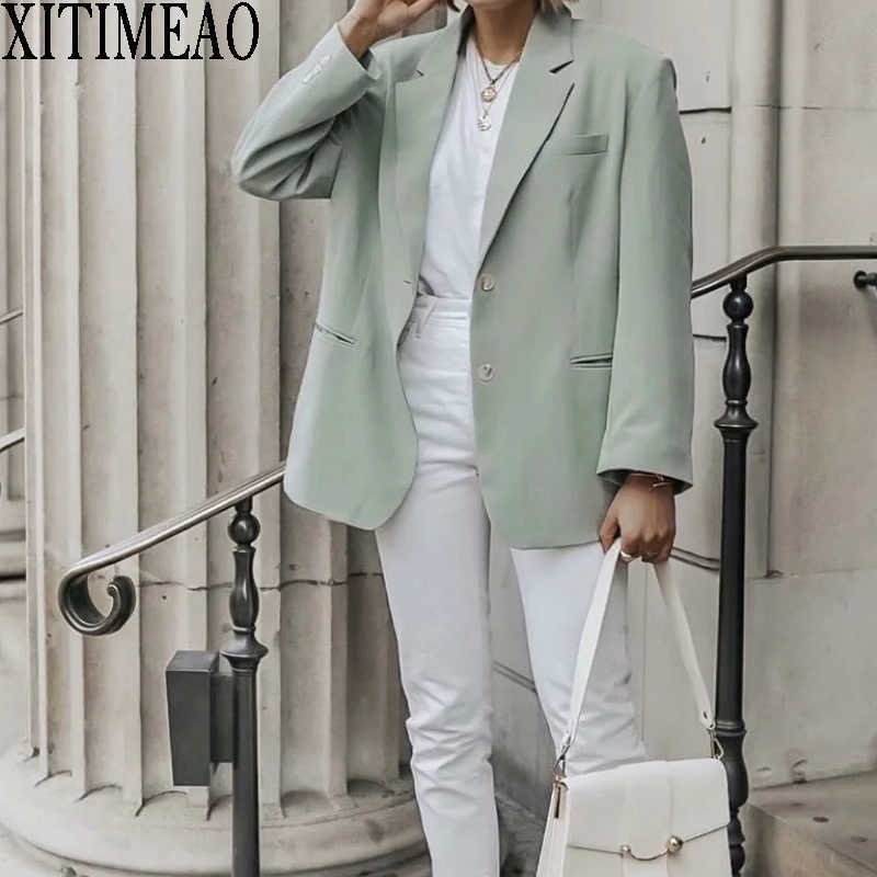 

XITIMEAO Women Fashion Casual Wear Single Breasted Blazers Coat Vintage Long Sleeves Oversize Female Outerwear Chic Tops 210602, As picture