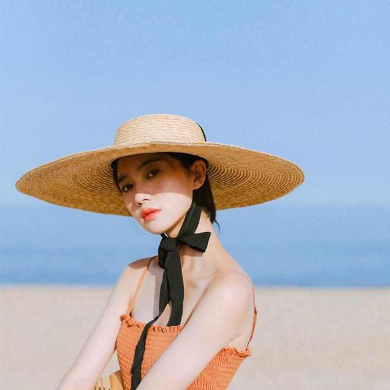 

Wide Brim Hats Women Raffia Boater Hat 15cm 18cm Straw Flat Summer With White Black Ribbon Tie Sun Beach Cap, Blue;gray