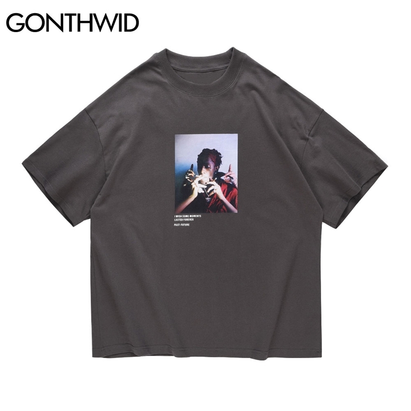 

Short Sleeve Tees Hip Hop Streetwear Gothic Punk Rock Rapper Smoking Print T-Shirts Casual Harajuku Tshirts Tops Male 210602, White