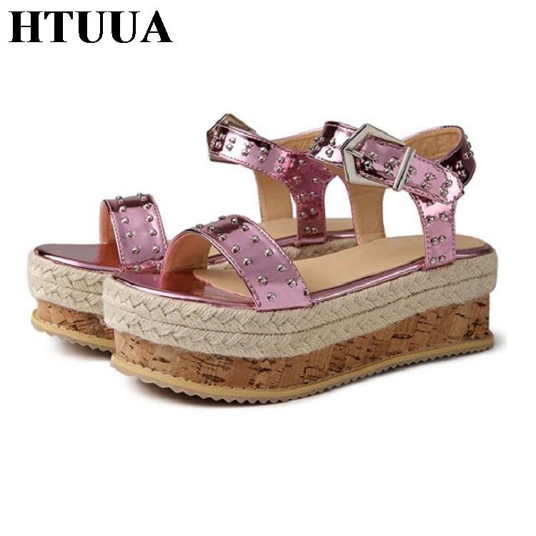 

Sandals 2021 Summer Women Fashion Rivet Buckle Bright Platform Shoes Woman Outside Sexy High Heels Wedge SX3641, Black