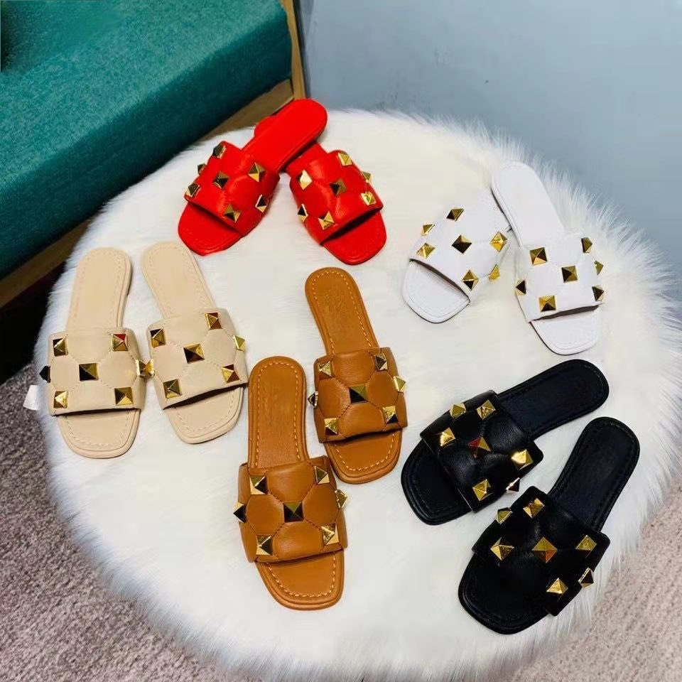 

Letter designer sandals one-word slippers female summer 2021 rivet slipper women outer wear flat square head open toe, Black