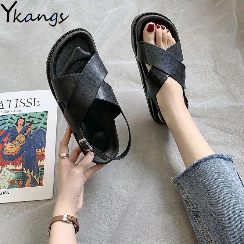 

Summer Black Cross Strap Women's Sandals Korean Casual Platform Waterproof Beach Fashion Outdoor Ladies Roman Shoes Slippers, Black parallel bars