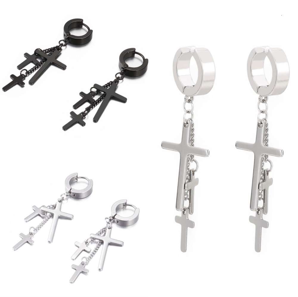 

earrings Japanese and Korean version of three rings chain tassel cross clip earrings, Golden