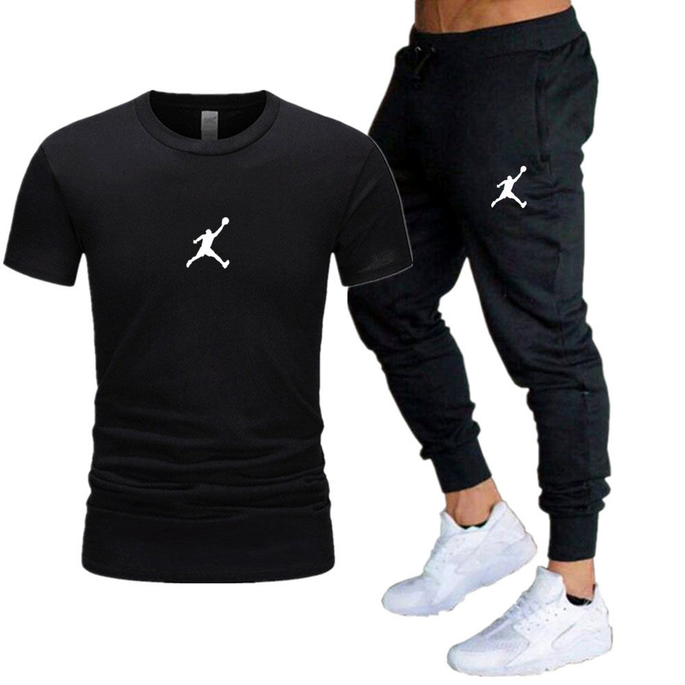 

2021 men's casual summer Tracksuits clothes sportswear two-piece T-shirt brand Basketball running Sportwear Fitness Sweatshirt Pants, Black 1