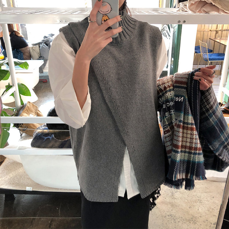 

Women Korean Style Overlap Sleeveless Ladies Sweater Spring Turtleneck Knitted Sweaters Female Fashion Criss-Cross Jumper, Gray