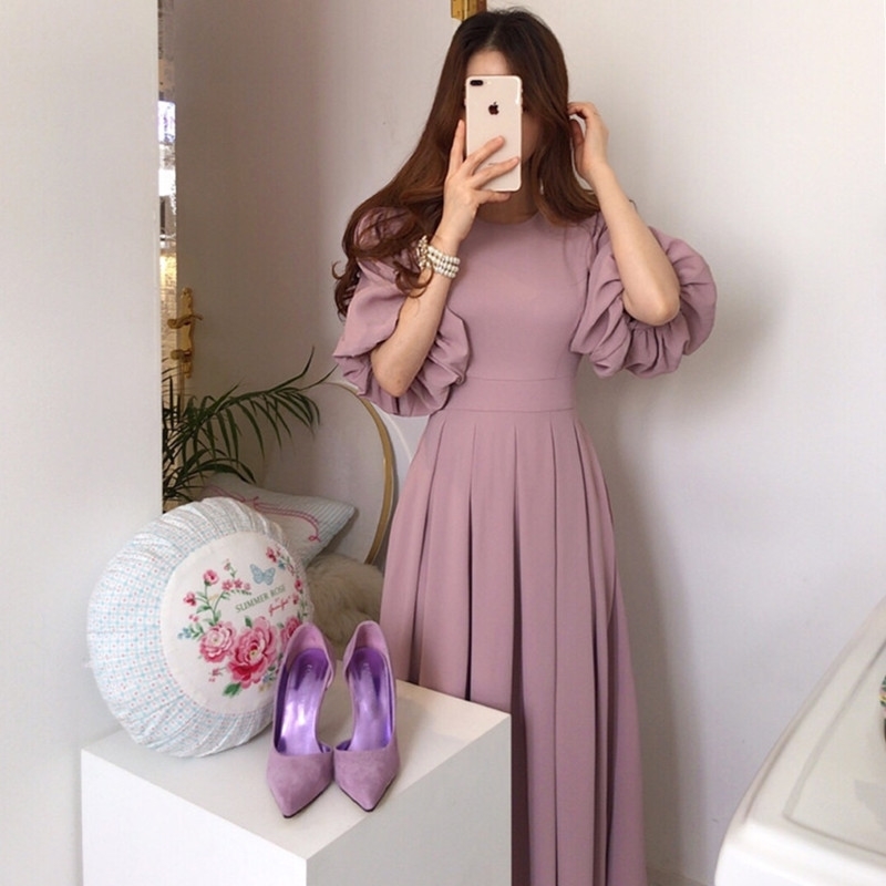 

Women Chic Elegant Pleated Dress Fashion High Waist Slim Ladies Lantern Sleeves Long Dresses Vestido 210520, Photo color