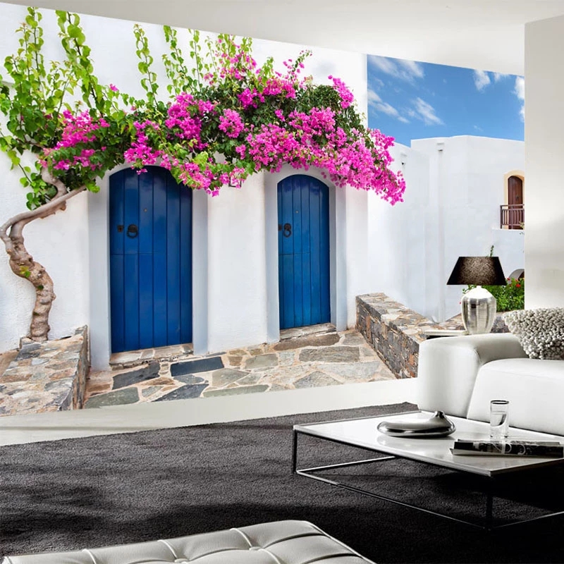 

Mediterranean Style Photo Wallpaper 3D Greece Building Painting Restaurant Cafe Bedroom Backdrop Mural Waterproof, Blue