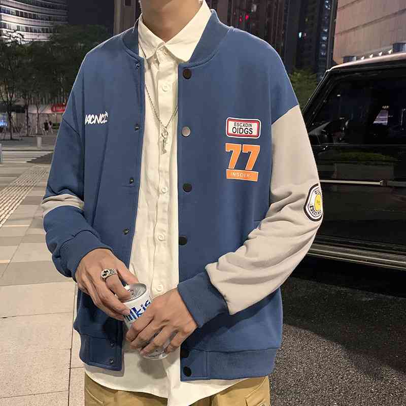 

2021 cardigan coat men's autumn new lovers' loose top trend baseball collar letter BF sweater, Black