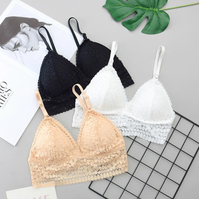 

Bras French Lace Wireless Triangle Cup Women Bra Bralette Soft Seamless Underwear Padded Deep V Girls Lingerie Brassiere Femme Bh, Beige