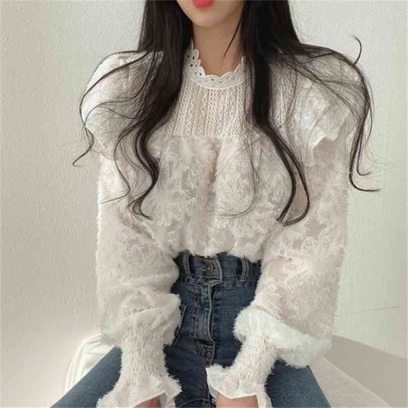 

Sweet Girls Streetwear Patchwork Tops All Match Slim Women Stylish Gentle Ruffles Loose Office Lady Shirts 210525, White