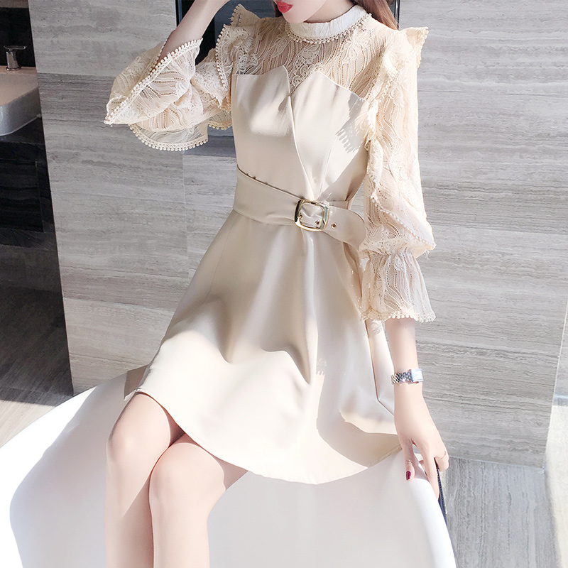 

2021 Spring New Dress Women Korean Office Ladies Elegant Ruffles Dress A-line Long Sleeve Lace Sexy Dress Vestidos Female, Apricot