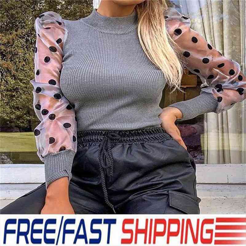 

women elegant knitted blouses mesh puff polka dot long sleeve shirts ladies turtleneck spring autumn blouse streetwear s-xl, White
