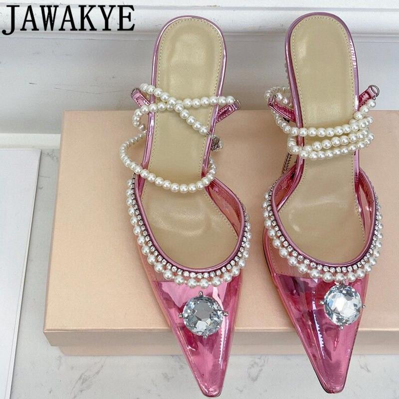 

Sandals Brand PVC Crystal Pear Lace Women Pointed Toe Pink Heels Shoes Party Wedding Stiletto Sandalias De Las Mujer, Black
