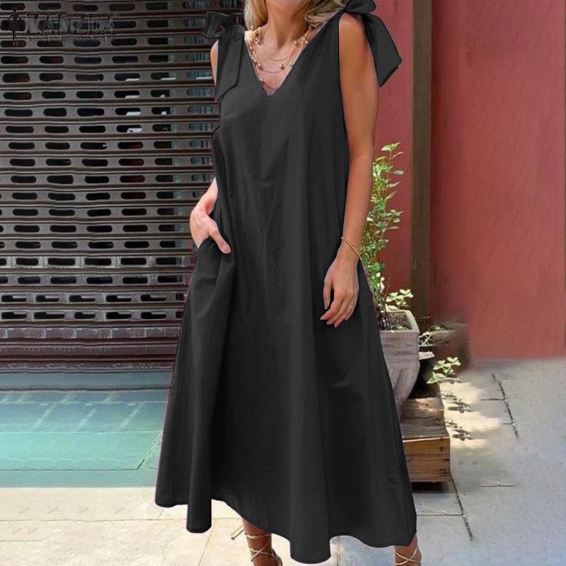 

Casual Dresses Womens Solid Sleeveless Vestidos Bandage A Line Holiday V Neck Sundress Plus Size 2022 Summer Elegant Maxi Dress, Black