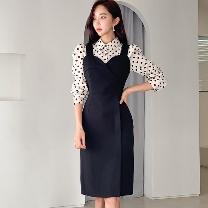 

Spring Women 2 Piece Set Dress Fashion Office Ladies White Dot Shirt Tops + Black Halter Bodycon Pencil Dress Set 210518, Picture color