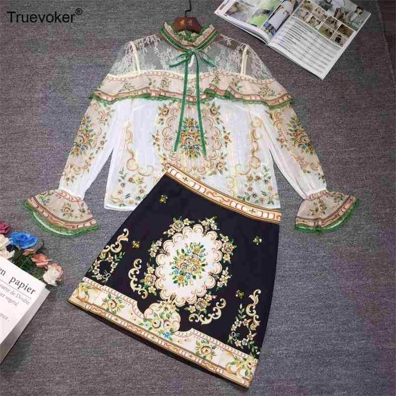 

Truevoker European Runway High Street Female Skirt Set Women Baroque Print Shirt + Waist Black Crystal et 210602, Multi