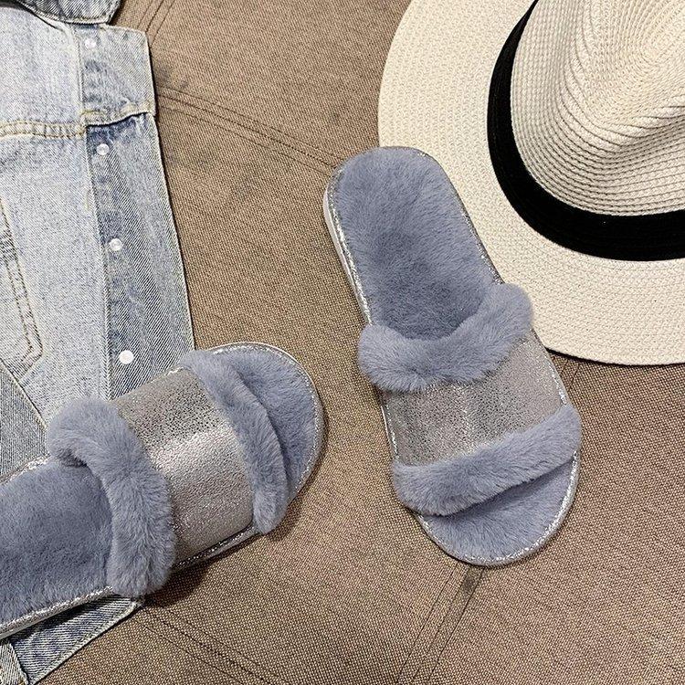 

Luxury Designer Women Fur Rhinestone Sandals Platform Wedges Heel Solid Fluffy Furry Slides Outside Sexy Shoe Sandalias De Mujer, Black