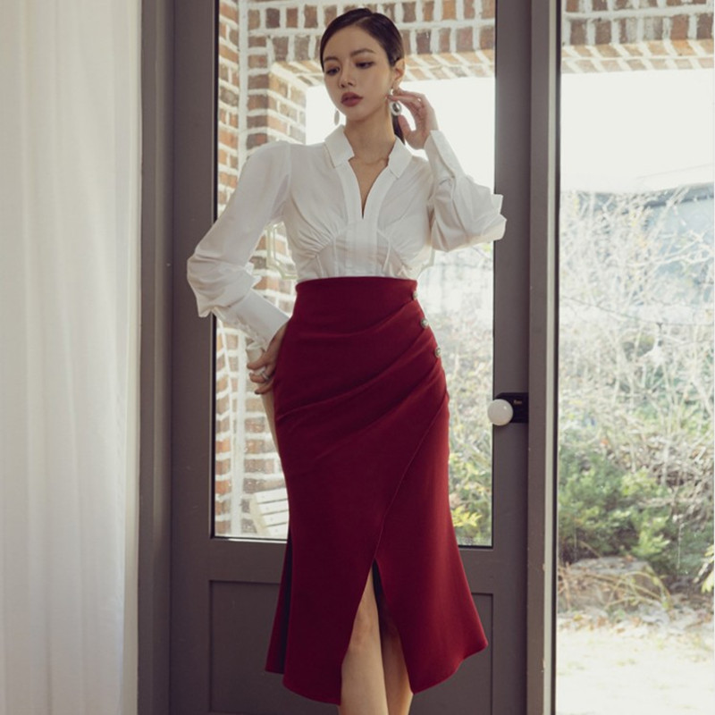 

ZAWFL Spring Fashion Suits Women's Elegant Long Sleeve Blouse Shirt+ fishtail bag hip skirt suit Two Pieces Sets 210525