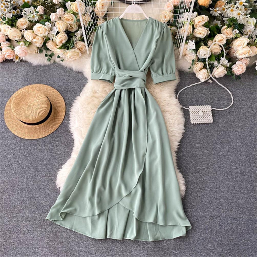 

summer midi french sweet womens dresses v neck puff sleeve high waist elegant woman female clothing year as, Black;gray