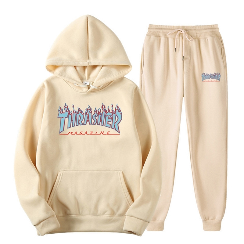 

Blue thrasher printed letter Plush Pullover men's hooded sweater fashion suit, Black