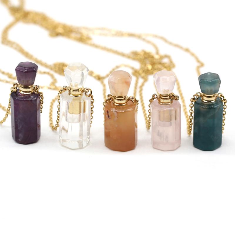 

Pendant Necklaces Natural Stone Amethyst Fluorite Necklace Stylish Irregular Perfume Bottle Glamorous Jewelry For Men Women Party 15x38mm