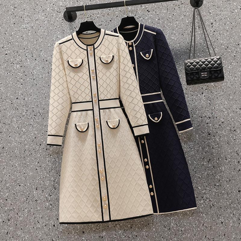 

Casual Dresses Large Women's 2021 Fat Sister Autumn And Winter Fashion French Waist Closing Thin Medium Long Knitted Dress, Navy blue