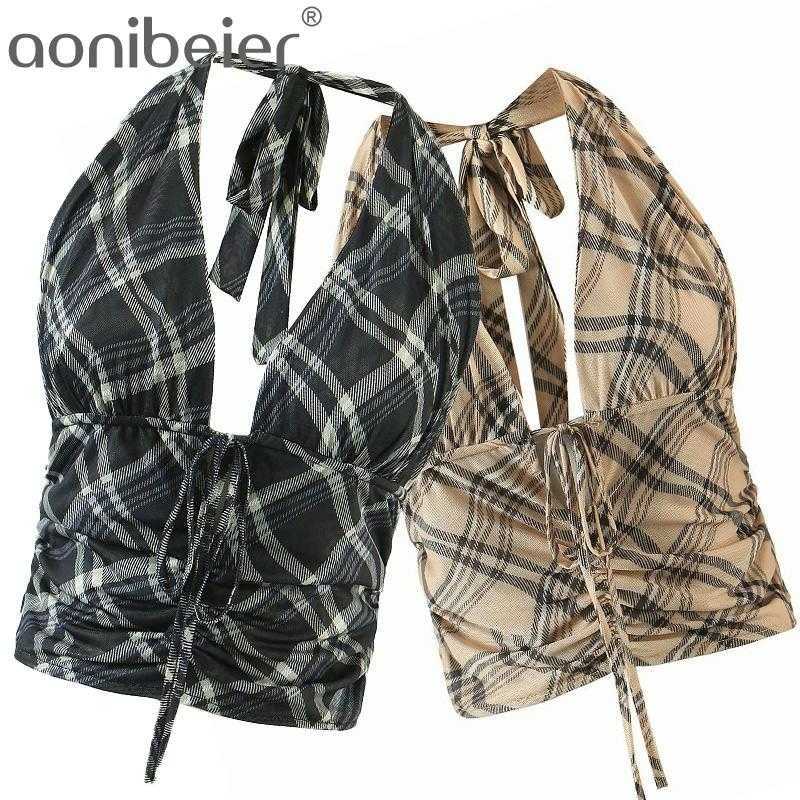 

Summer Fashion Sleeveless Backles Checked Tops Sexy Deep V Neck Lace-up Slim Female Plaid Halter Crop 210604, Black top