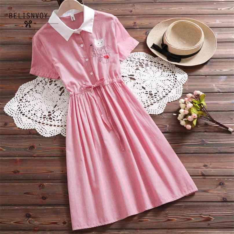 

Preppy Style Summer Women Cute Dress Turn-down Collar Plaid Vintage Casual Vestidos Embroidery Cat Elegant es 210520, Pink