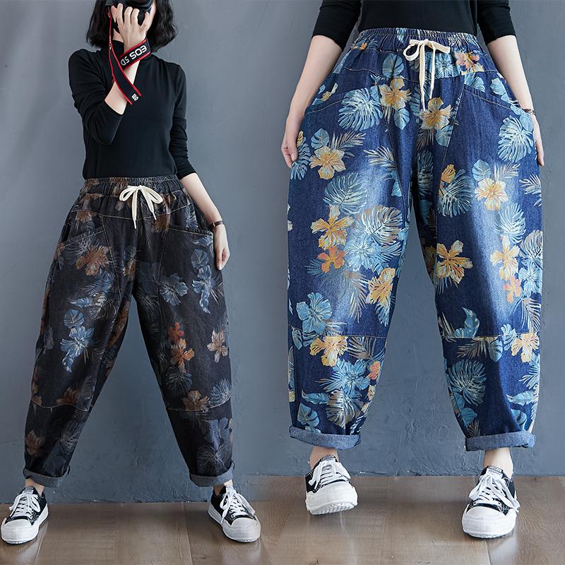 

Women's Jeans Printed Harlan Autumn Loose Large Trousers Versatile Drawstring High Waist Casual Radish Pants, Blue