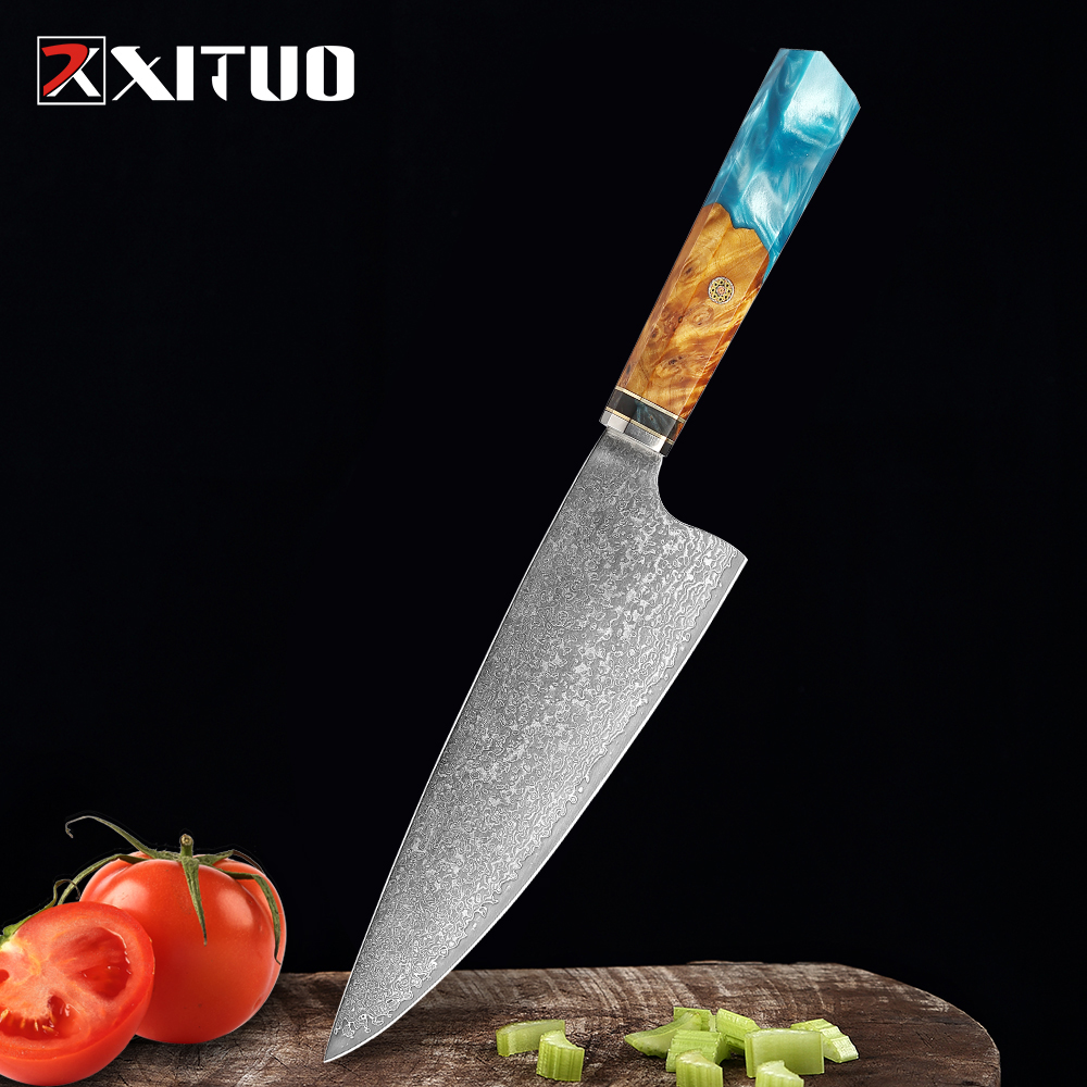 

XITUO 8 inch Japanese Damascus steel Chef Knife Classic Blue Resin Octagonal Precious Sushi Sashimi Butcher knife kitchen knives