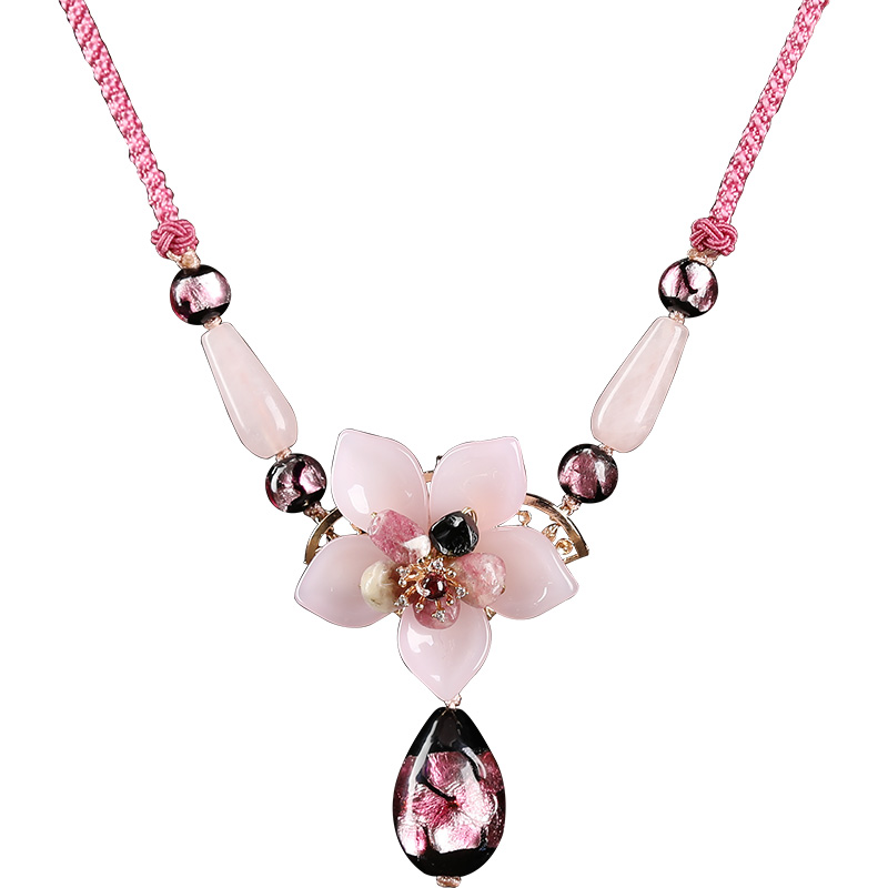 Xianlan300 Antique Chinese Wind Pink Coloured Glaze Tourmaline Pendant Necklace Ethical Wind And Tide Network Collarbone Chain Pen-image-706265085