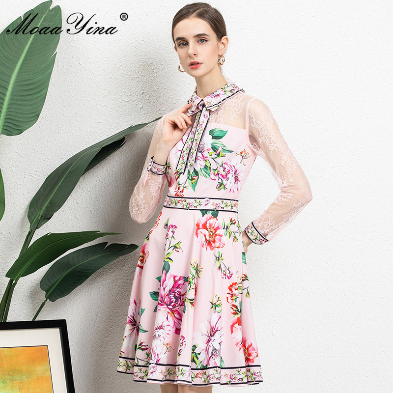 

Fashion Designer dress Summer Women's Dress Lace Patchwork Long sleeve Floral Printing Pink Mini 210524