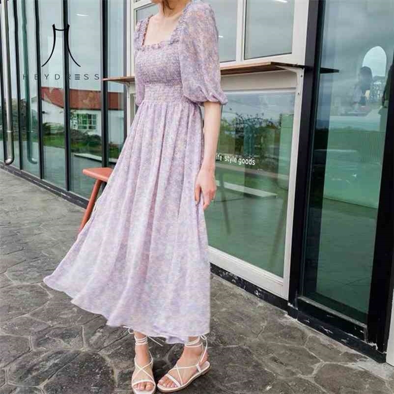 

Women Summer Chiffon Long Maxi Dress Vintage Square Collar Female Purple Casual Holiday Lady Beach Boho Vestidos 210517