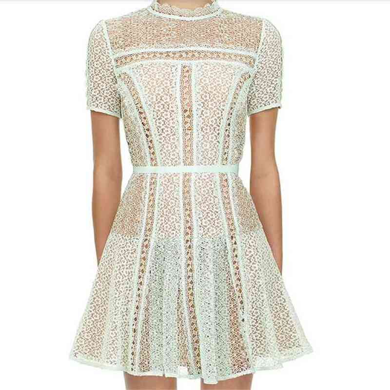 

Elegant O-neck Short Sleeve Self portrait Green Hollow Out Lace Dress High Quality Runway Summer 210603, Picture color