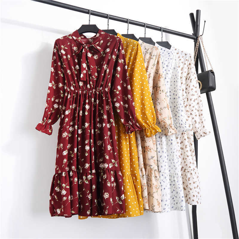 

Women Casual Autumn Lady Korean Style Vintage Floral Printed Chiffon Shirt Dress Long Sleeve Bow Midi Summer Dress Vestido Y0603, Orange red