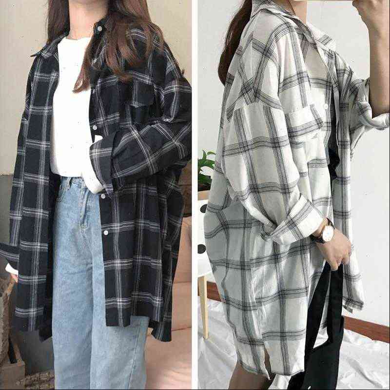 

womens shirts summer long loose falling shoulder sleeve lapel plaid pocket shirt women drop good quality, White