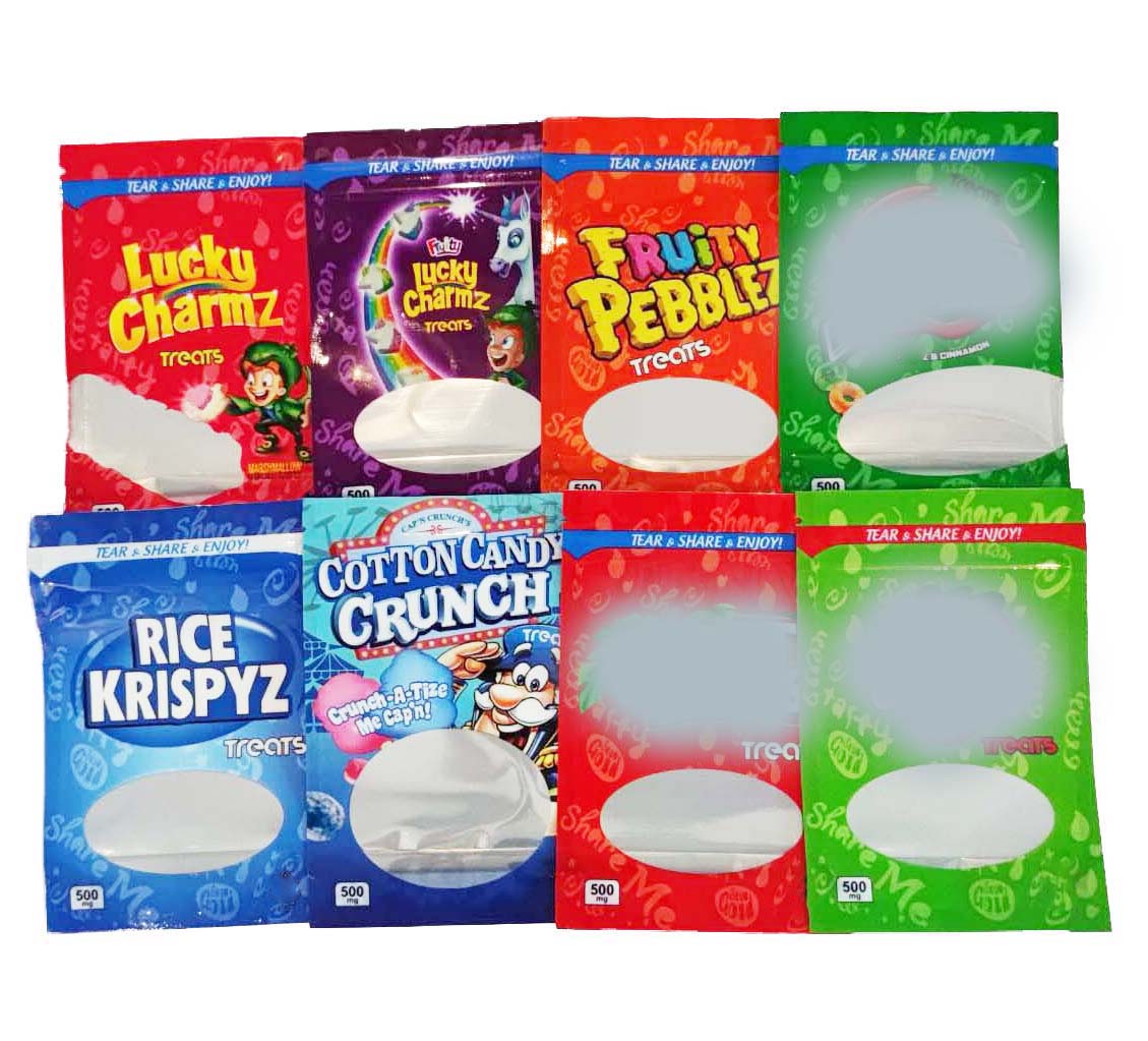 Empty 600mg Cereal Treat Fruity Pebblez packing bags Caramel treats cocoa cannaburst gummies Lucky charmz INFUSED edible packaging plastic packag-image-701361529