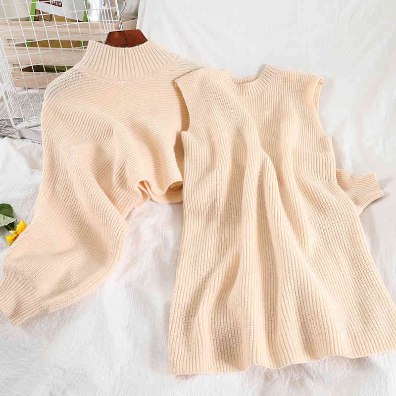 

Women Short Knitted Turtleneck Long Sleeve Top Loose Vest Dress Two Piece Set Fashion Spring Summer MZ989 210525, Black