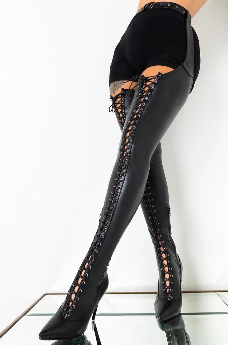 

Boots Sexy Belted Cross-tied Over Knee Women Black Thigh Highs Heels Long Pants Designer Gladiator Ladies Strip Shoes