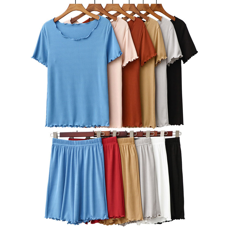 

Summer Women 2 piece Suits Casual Solid O-neck ruffled short sleeve tops + elastic shorts Loose out and home sets for female 210524, White