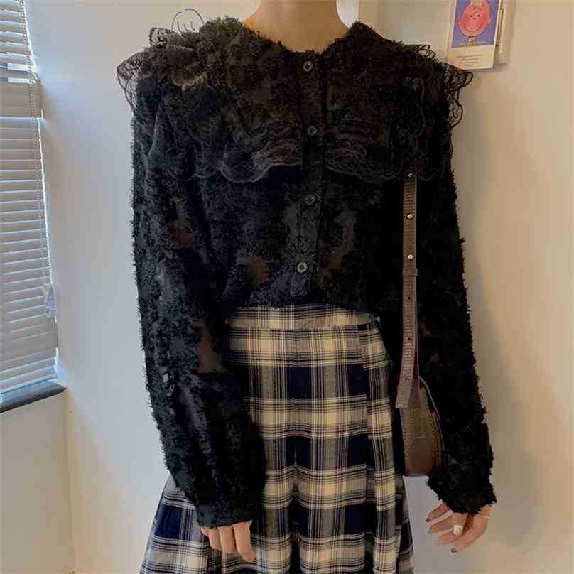 

Women Blouses See-through Puff Sleeve Top Lace Shirt Blouse Fashion Transparent Black Shirts Female Blusas 210525