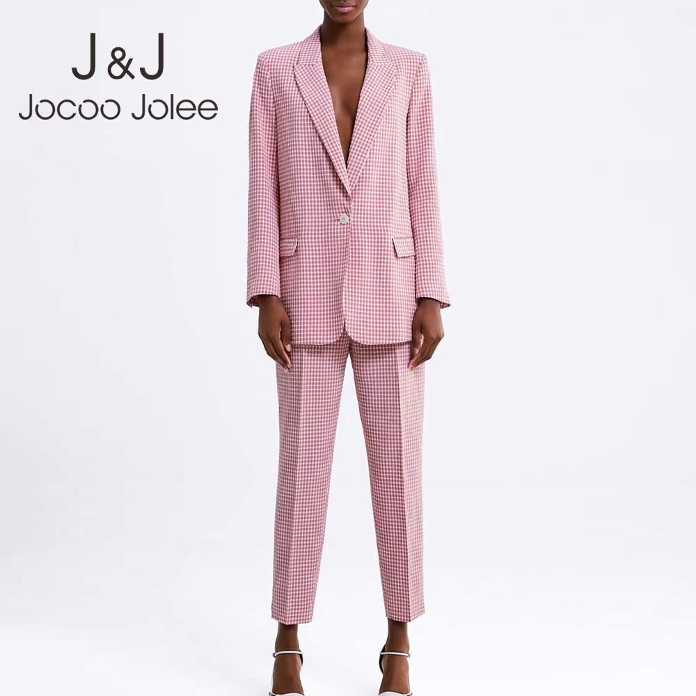 

Women Korean Pink Plaid Blazer and Pants Suit Autumn Office Ladies Single Button Blazer Office Ladies Outerwear Chic Tops 210518, Pant