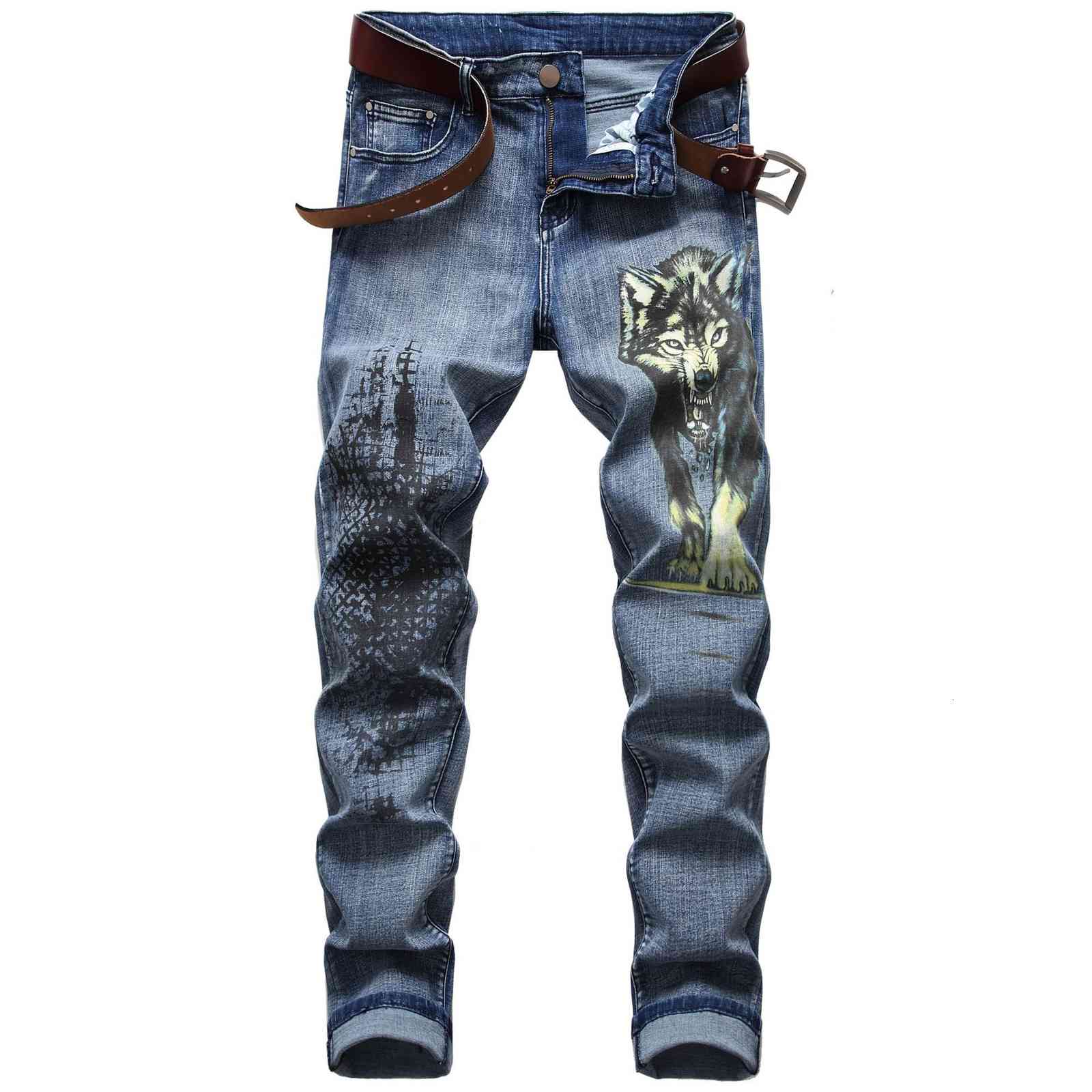 

fashion jeans men's elastic printing pattern wolf head slim pants, Blue