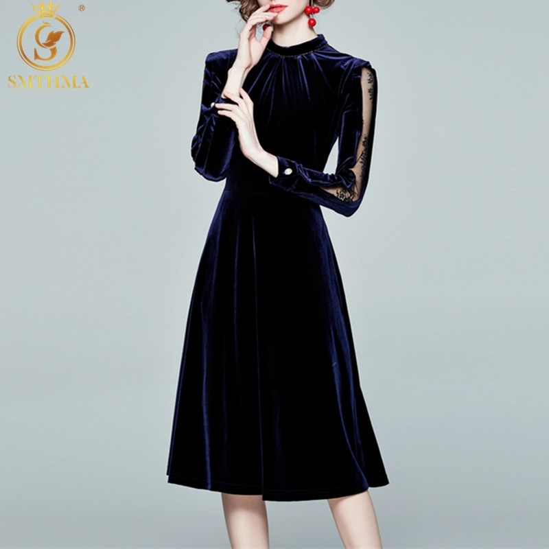 

Women Autumn Winter Elegant Velvet Dress High Quality Vintage Femme Long Sleeve Patchwork Vestido Da Festa 210520, Photo color