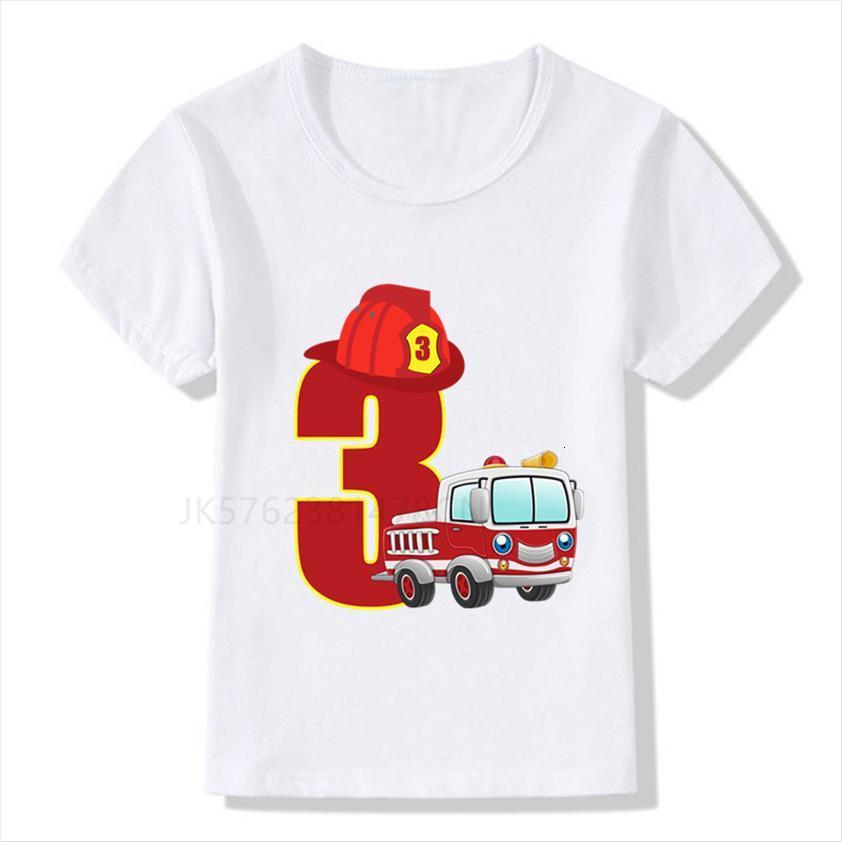 

boys girls cool firefighter car birthday numbers t shirt children happy white baby top, Blue