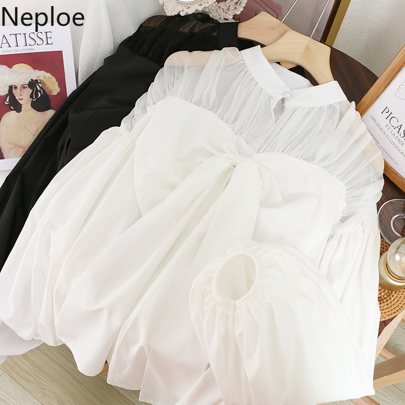 Neploe Women Blouses Sweet Bow White Shirts Loose Lantern Sleeve Patchwork Gauze Elegant Blouse Blusas Mujer De Moda 4G303 210422