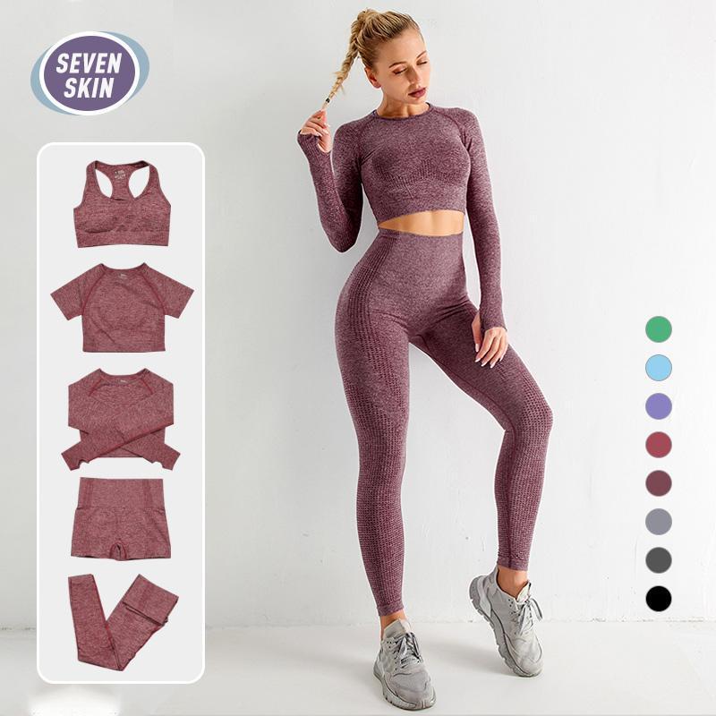 

2/3/5PCS Seamless Yoga Set Gym Fitness Sportswear Women Clothing Long Sleeve Crop Top High Waist Leggings Sport Suits Outfit, 2pcs-s-pink