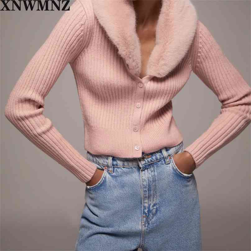 

Women Fashion Patchwork Faux Fur Knitted Cardigan Sweater sweet buttons Long Sleeve Female Outerwear Chic Tops 210520, Pink